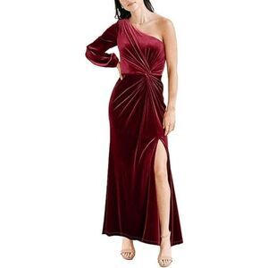 Simplee Women's One Shoulder Long Sleeve Velvet Dress Fall Wedding Guest Long Dr